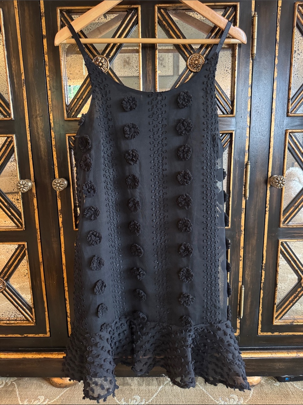 Black Textured Pom-Pom Slip Dress